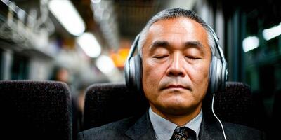 Man wearing headphones and eyes closed on Train in England photo