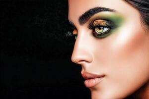 Woman's profile shows green and gold eye makeup on dark background photo