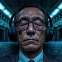 Mature man wearing headphones and glasses napping on train photo