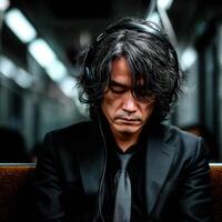 Man with headphones travels on a train in Japan photo