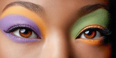 Woman's eyes with vivid contrasting colorful makeup application photo