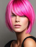 Bright pink hairstyle showcases modern chic in beauty photography photo