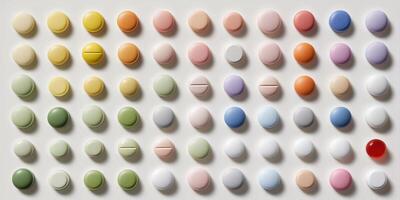 minimalistic medical layout with colorful capsules and pills, used for concepts of healthcare, pharmaceutical industry, or wellness photo