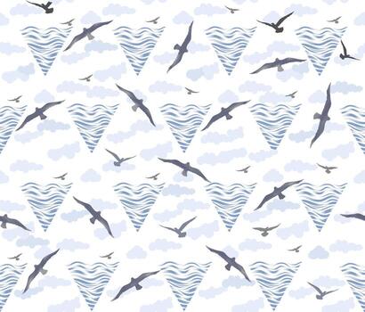 Seamless pattern with birds flying in the sky with clouds over waves. Nature sea view ornamental line drawn background vector