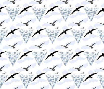 Seamless pattern with birds flying in the sky with clouds over sea waves. Nature sea view line drawn background. vector