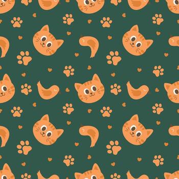 Pattern, cat, kitten tracks, bird, illustration on a green background. Funny simple print, pattern. vector