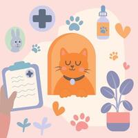 Animal set, cat in a veterinary clinic. Picture for animal lovers. Kitten tracks and a heart. Delicate shades in the illustration. vector