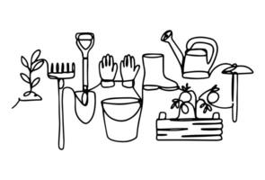 A set of gardening and crafting items hand-drawn in one line. vector