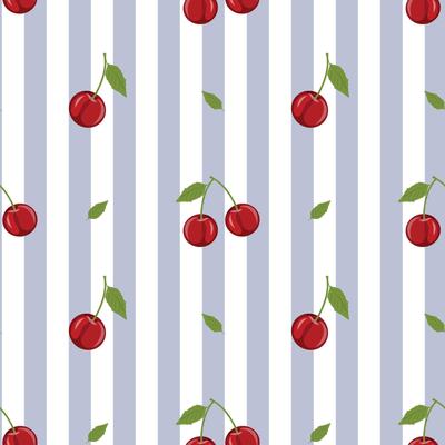 Blue Stripe Cherry Seamless Pattern, Cute Cherry Repeat on Blue Lines, Vertical Cherry Fabric Design, Blue and Red