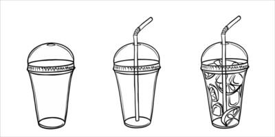 Set of Plastic glass for cold lemonade. Cold drink to go outline drawing painted by black inks. Hand drawn illustration outline. Empty transparent plastic cup with a straw for lemonade vector