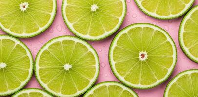 refrescante Lima rebanadas con agua gotas en rosado antecedentes foto