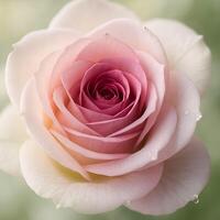Delicate pink rose in full bloom with dewdrops on petals, macro close-up photo