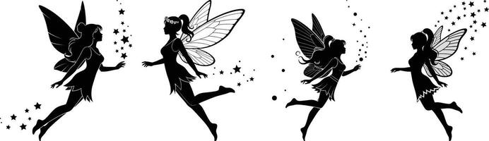 Flying Fairies with Magic Dust Silhouettes - Fantasy Creatures vector