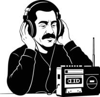 Man Listening to Music with Headphones and Cassette Player - Retro Audio vector