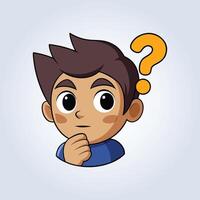 An illustration of a boy with a question mark hand under his chin vector