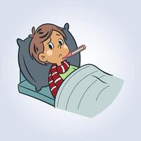 An illustration of a sick child lying on a bed vector