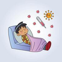 An illustration of a sick child lying on a bed with a thermometer and a virus vector