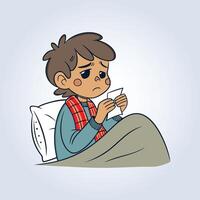 An illustration of a sick child lying on a bed with a tissue in hand vector