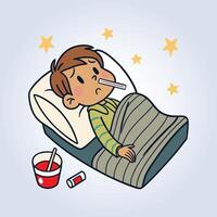 An illustration of a sick child lying on a bed a thermometer in the mouth vector