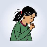 An illustration of a girl coughing and wearing a dark green shirt vector