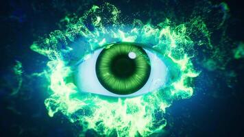 Eye in the dark with vfx particles, 3d rendering. video