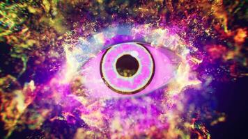 An purple eye in the dark with vfx particles, 3d rendering. video