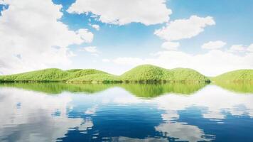 Landforms with grass and lake in nature, 3d rendering. video