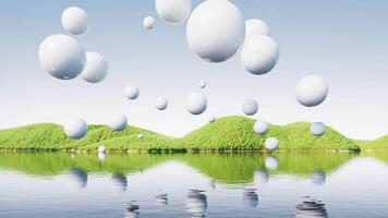 Floating spheres over lake in nature, 3d rendering. video
