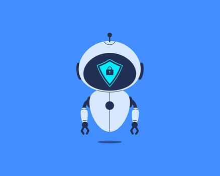 Robot presenting shield with lock icon for data protection. illustration for cybersecurity, online privacy, secure AI systems vector