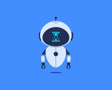 Robot with hourglass symbolizing waiting or loading. illustration for AI process, chatbot delay, system update vector