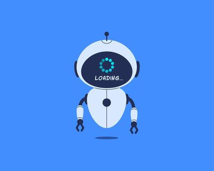 Robot with loading bar on screen. illustration for AI system update, chatbot processing, data upload vector