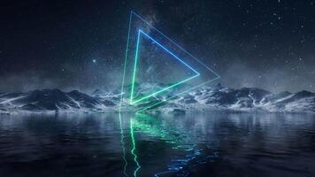 Glowing neon line on the lake at night, 3d rendering. video