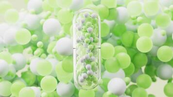 Transparent capsule with particles spheres background, 3d rendering. video