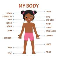 Body part of little African little girl anatomy poster with diagram text label chart for kids learning educational purpose vector