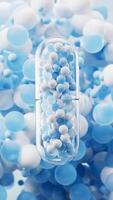 Transparent capsule with particles spheres background, 3d rendering video