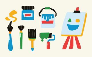 Flat Color Art Supplies Element Sticker Set with Soft Bold Palette in Cutout Style vector