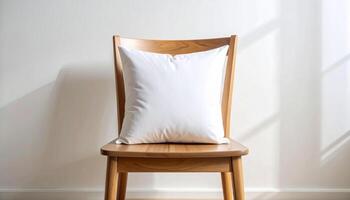 Blank Square Pillow on Wooden Chair in Daylight photo