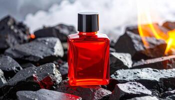 Glossy Fiery Red Pentagonal Bottle on Volcanic photo