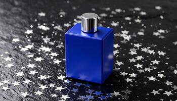 Glossy Midnight Blue Square Bottle on Wet photo