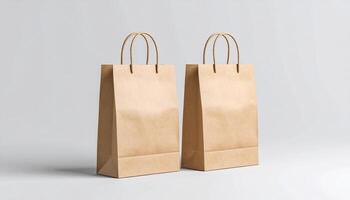 Plain Kraft Paper Bag Standing on Neutral Background photo