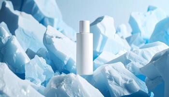 Floating White Bottle Above Shattered Ice Shards photo