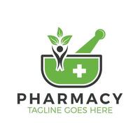 Herbal Pharmacy Logo Template Branding Design with Mortar, Pestle, and Leaf, Symbol for Natural Medicine vector