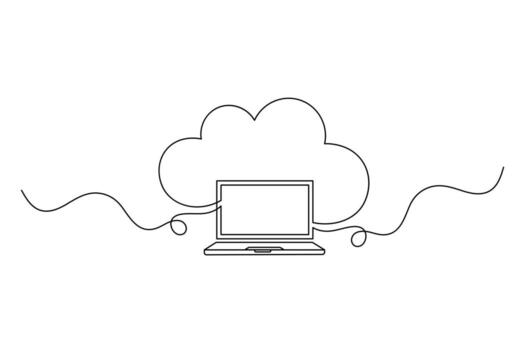 Cloud Computing Continuous Line Art, Laptop and Cloud Connection Illustration vector