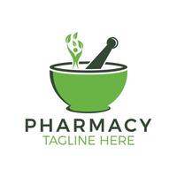 Herbal Pharmacy Logo Template, Branding Design with Mortar, Pestle, and Leaf Symbol for Natural Medicine vector