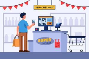 Self-checkout station in a supermarket vector