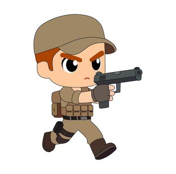 Cartoon Man Chibi Army Running While Aiming Simple Design Icon Digital vector