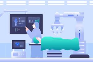 Surgery Robot Medical Technology used in healthcare help drive innovation with AI-assisted surgery, automation, and real-time patient data analytics. vector