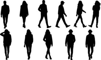Silhouettes of Casual People Walking Casual male and female figures in mid-step shown in relaxed poses. Great for lifestyle, everyday movement, or urban setting visuals vector
