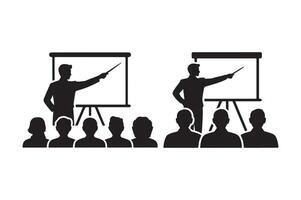 Black silhouette of speaker pointing at screen with audience vector