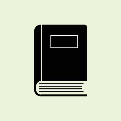 Illustration of a closed book with a square label on the front cover. Black on a light green background. The minimalist design is suitable for school and educational themes.